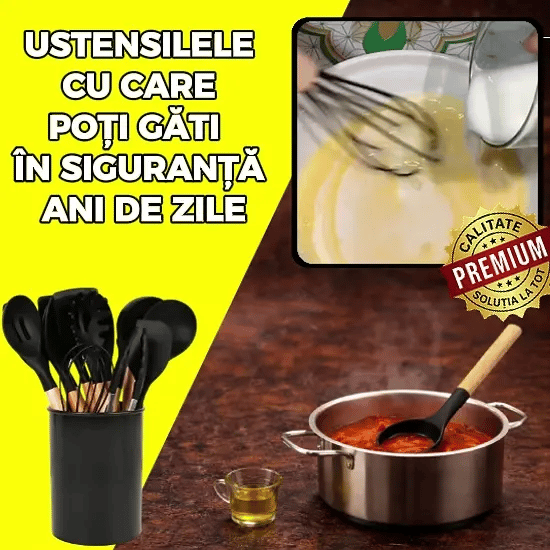 Set 11 Ustensile Negre din Silicon și Lemn - KitchenSoft™