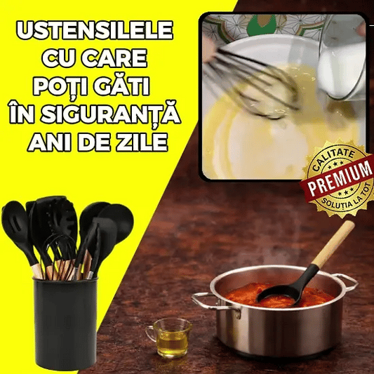 Set 11 Ustensile Negre din Silicon și Lemn - KitchenSoft™